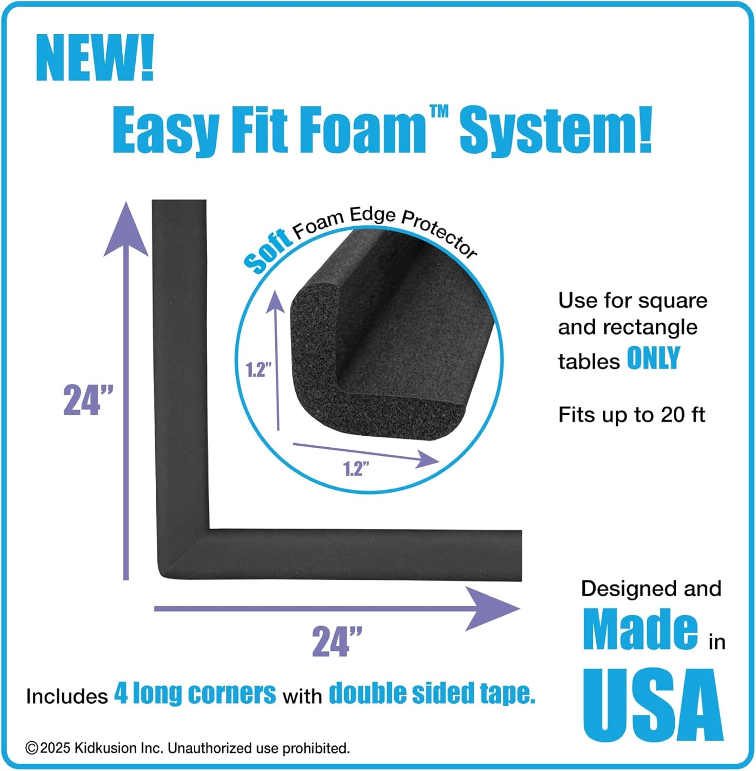 KidKusion Corner and Edge Protector | Easy Fit System | Soft Durable Foam Rubber Padding for Furniture w/Doublesided Tape | Babyproofing Bumper Guards | Large Profile | 20 Ft. | Black