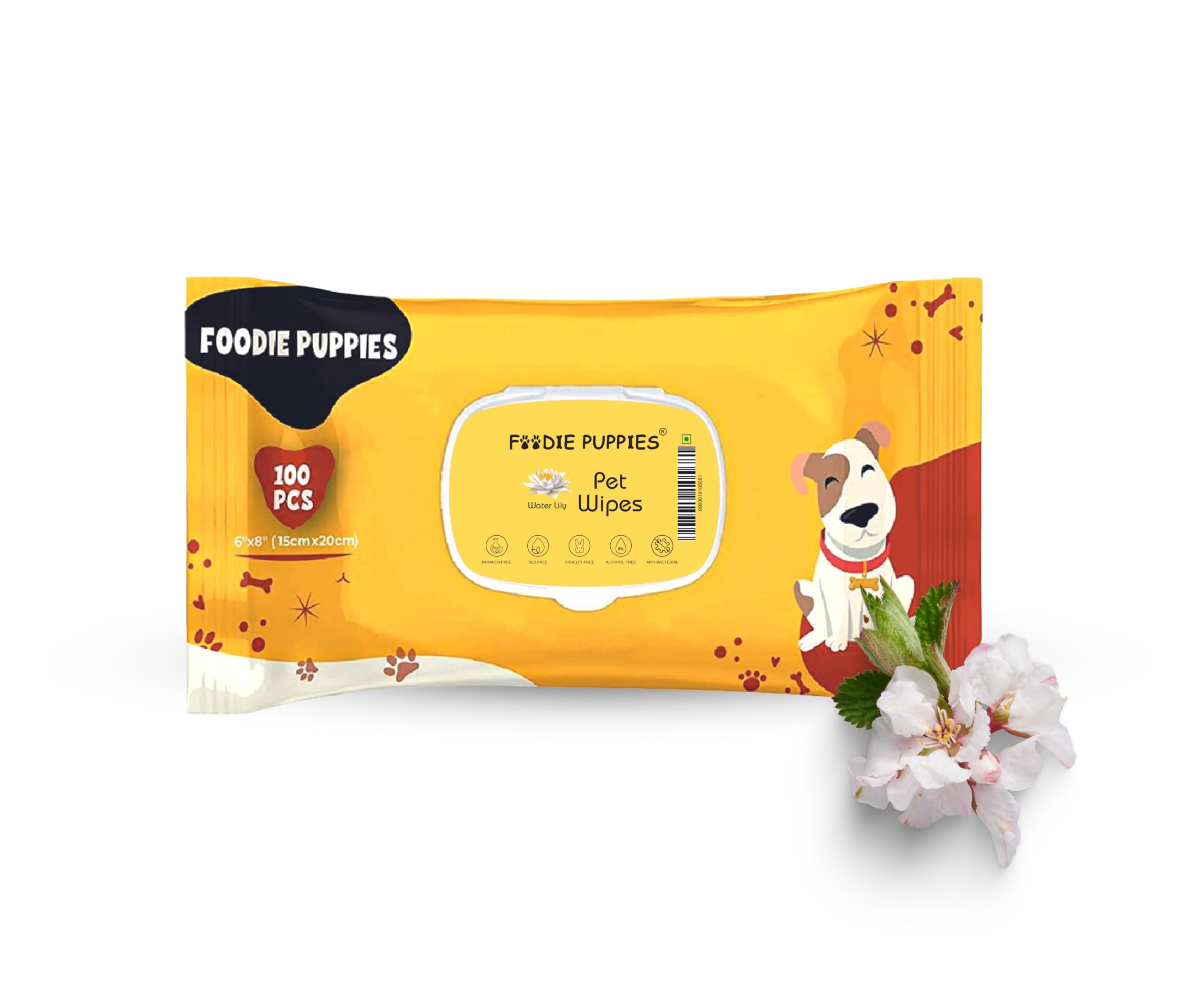 Foodie Puppies Anti-Bacterial 100 Pcs Pet Wet Wipes for Dogs, Puppies, Cats, Kittens, Rabbit & Small Animals | Fresh Water Lily Scent | SLS Free, Paraben Free & Cruelty Free (Pack of 1)