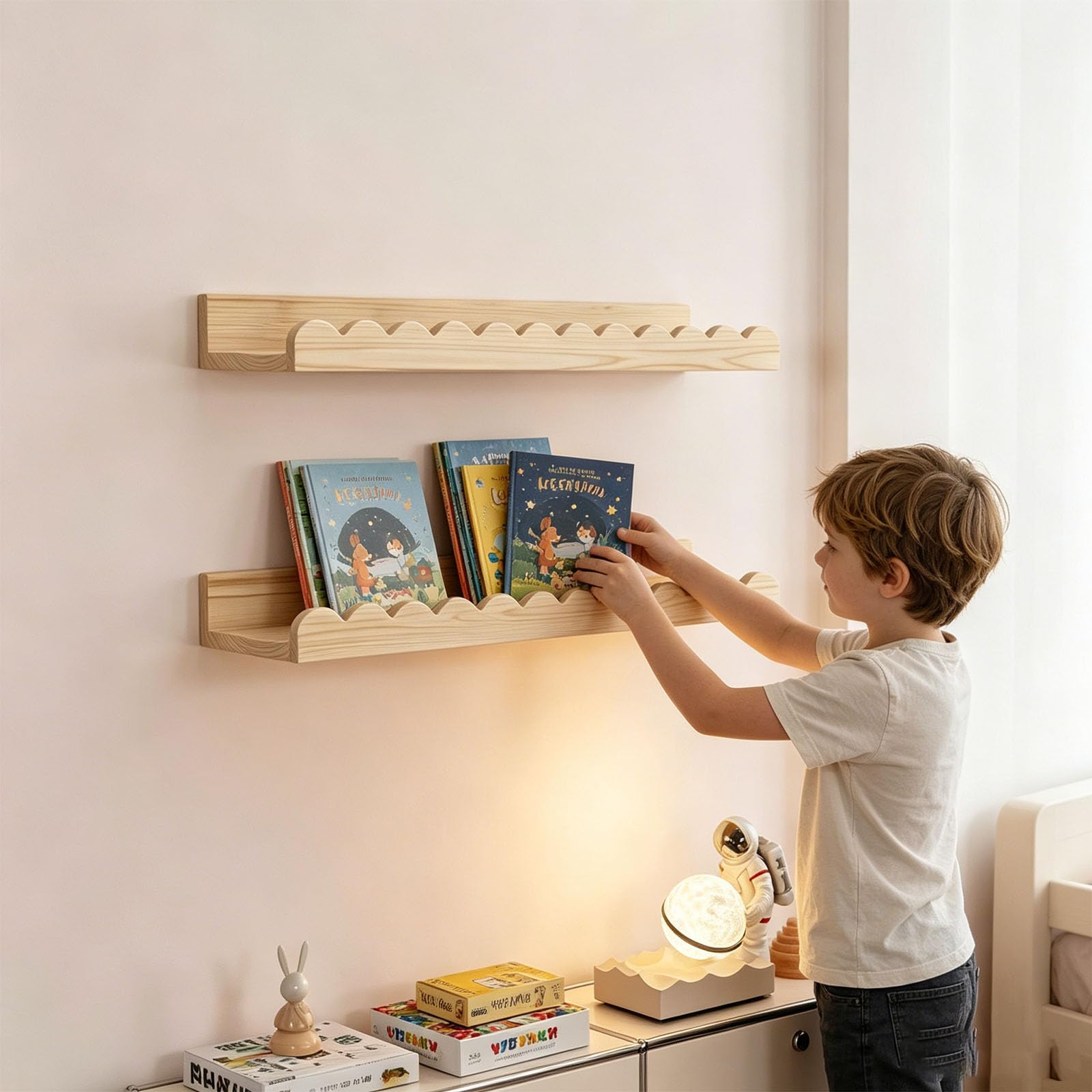 Mensola da parete curva in legno per la stanza dei bambini, per organizzare libri e oggetti con bordi arrotondati, sicura mensola per bambini
