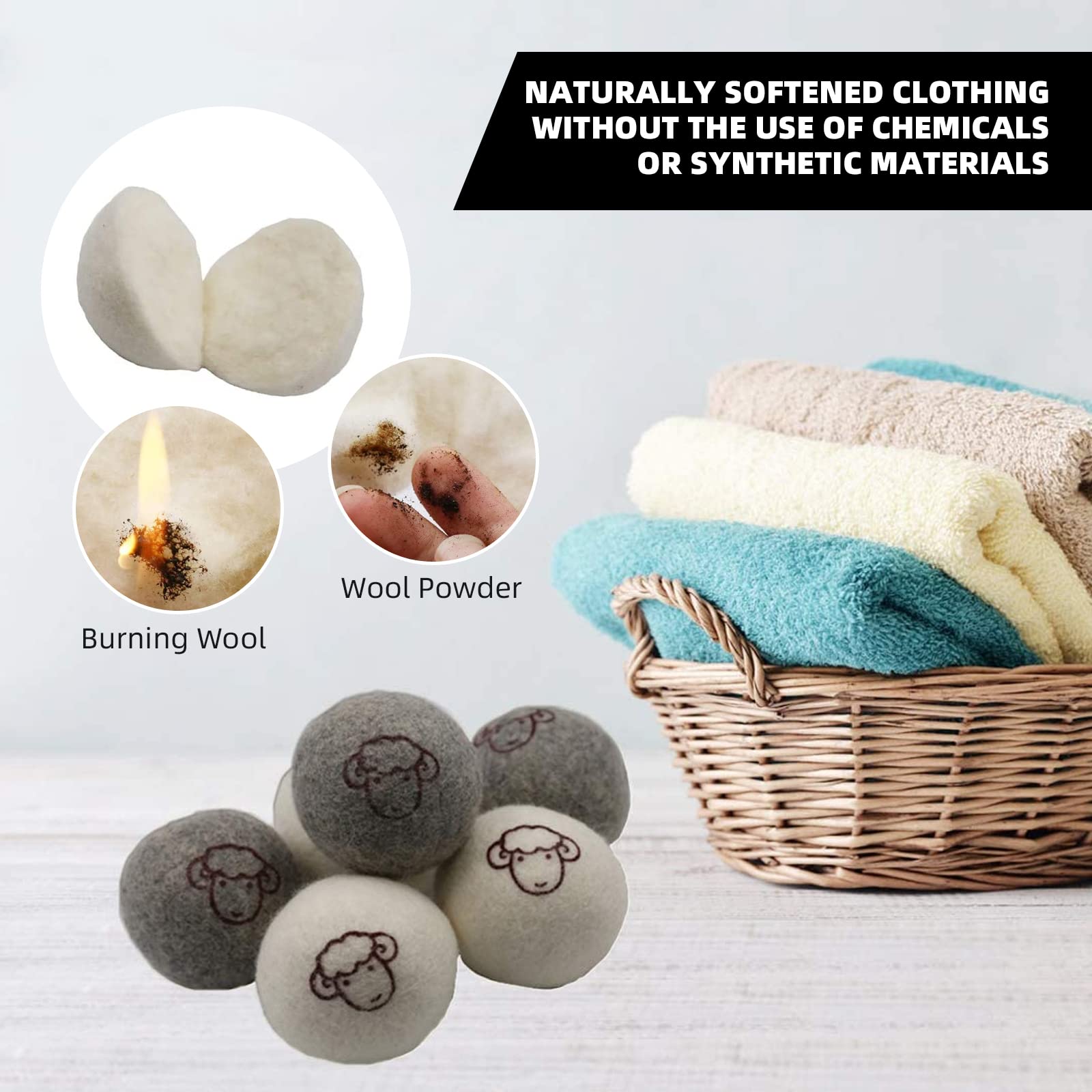 Lot de 6 boules de laine pour sèche-linge - Hypoallergéniques, réutilisables, antistatiques, adoucissant naturel, réduit le temps de séchage et les plis, boules de laine pour sèche-linge