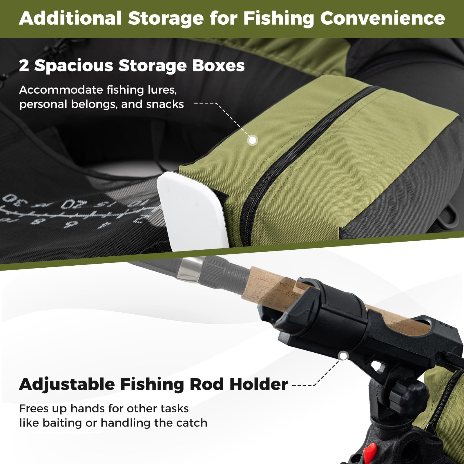 FANTASK Barca da pesca con pompa, pagaia in alluminio e pinne, supporto regolabile per canne da pesca, stantuffo, barche Belly per adulti, verde