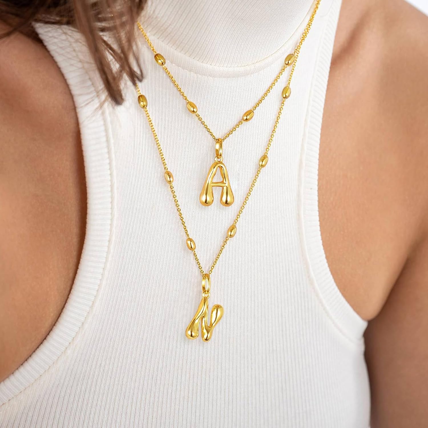 KissYan Bubble Letter Necklace,14K Gold Plated Personalized 3D Puffy Balloon Initial Pendant with Adjustable Bead Chain, Dainty Jewelry Gift for Women - Image 2