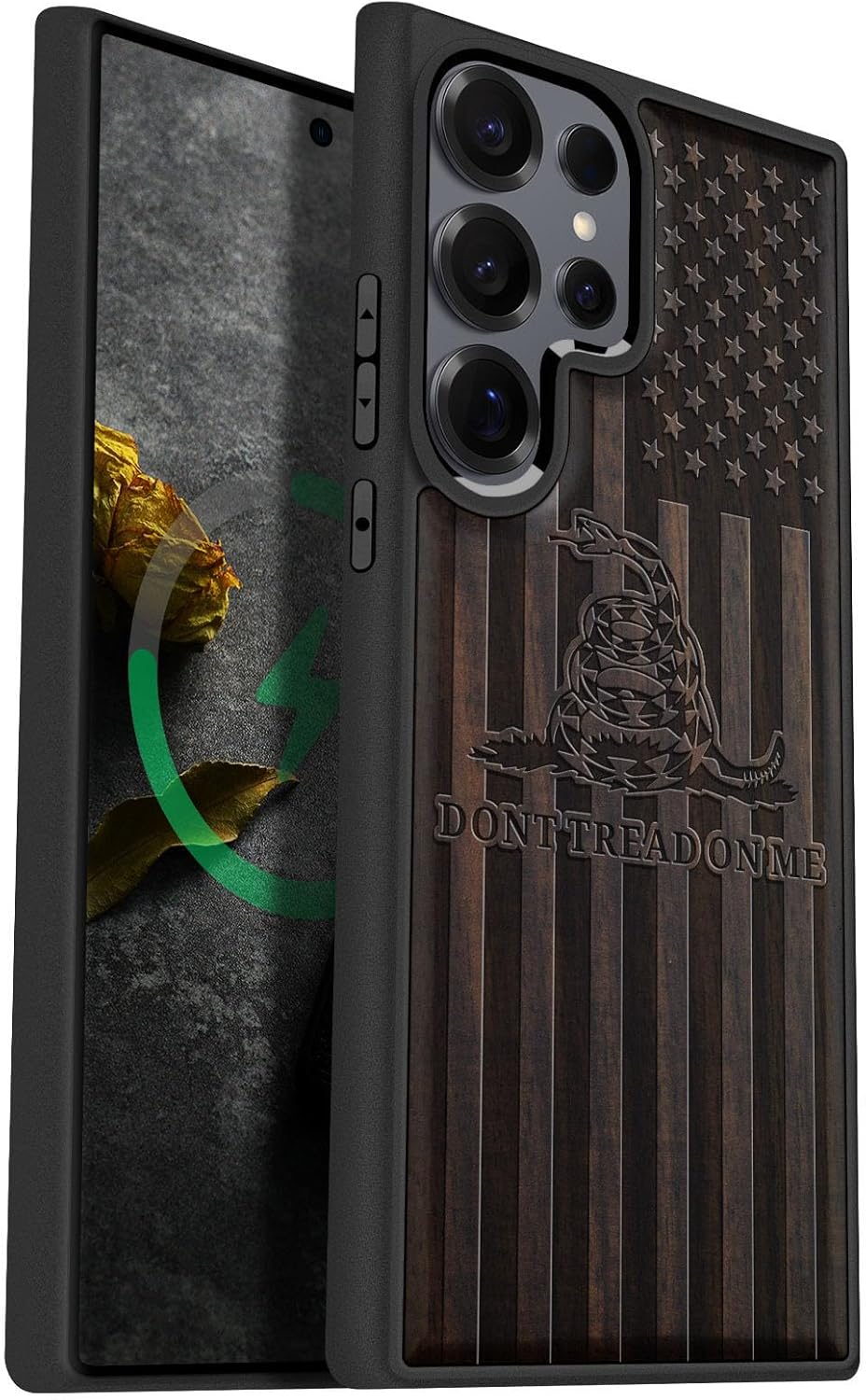 Carveit Magnetic Wooden Case for Samsung Galaxy S25 Ultra Case 2025, TPU Shockproof Cover & Wood Artisan Engraved, Compatible with MagSafe Wireless Chargers (Gadsden and American Flag) Blackwood