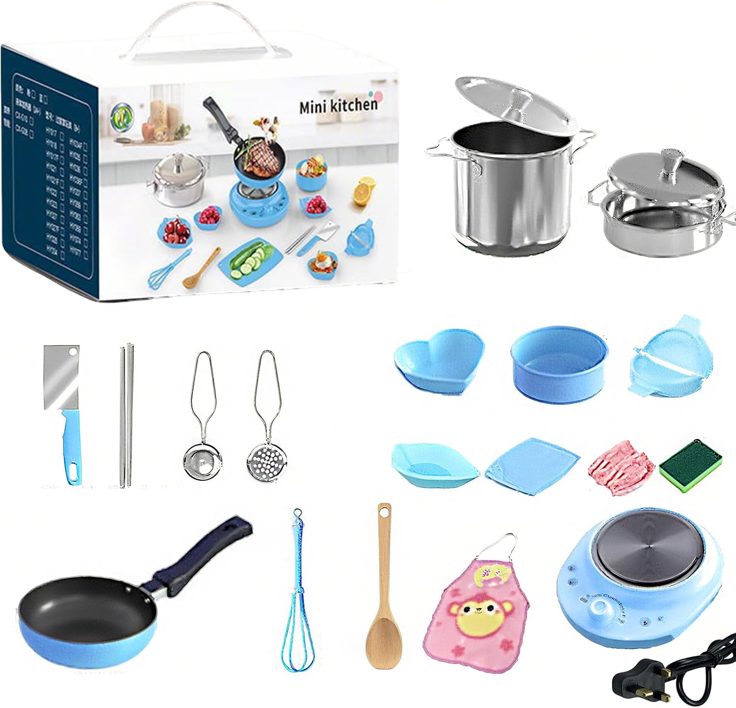 22Pcs Cooking Mini Kitchen Toys, Real easy Bake Cook Set, Pretend Play Pots Pans Accessories Tool or Beginner Cooking Education blue