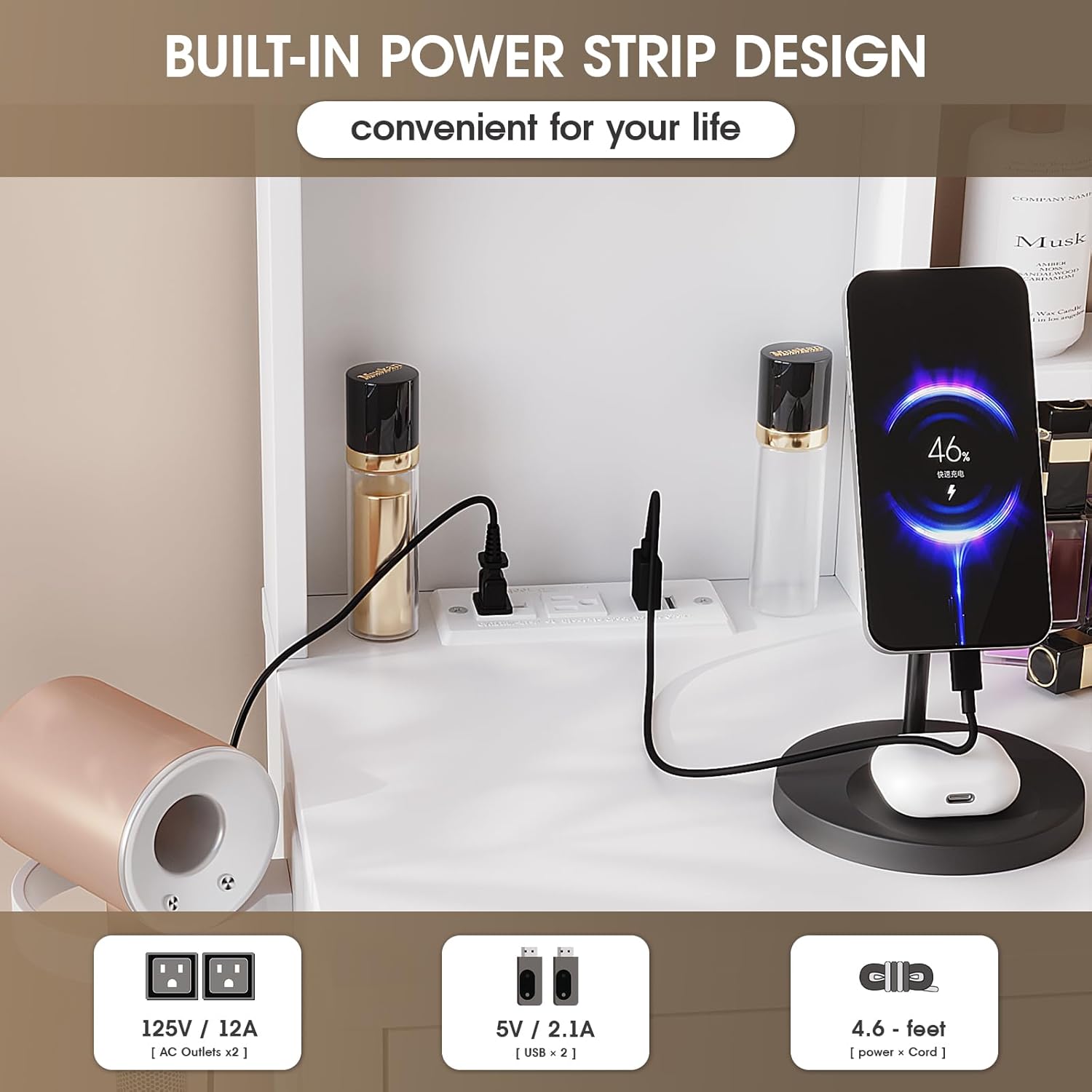 Vabches White Makeup Vanity with Lights, Adjustable 3 Lighting Modes, 4 Large Drawers, Vanity Table with Power Outlet, Makeup Table with Chair for Girl