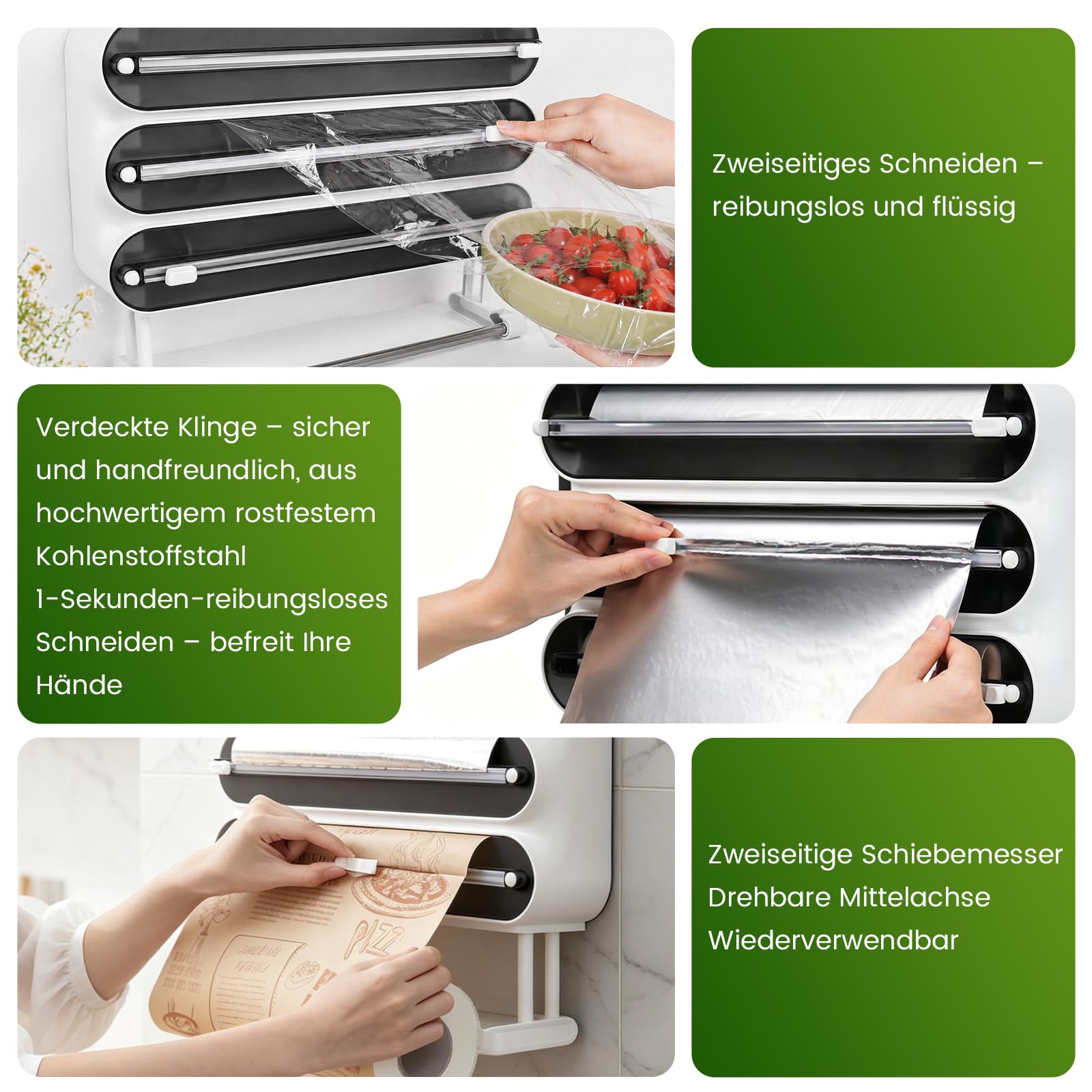 Dispensador de Papel Film y Aluminio & Soporte para Rollos de Cocina 4 en 1, Portarrollos Cocina con Cortador, Sin Taladrar, Pared y Contraparte Magnética, con Clips de Cierre (Negro)