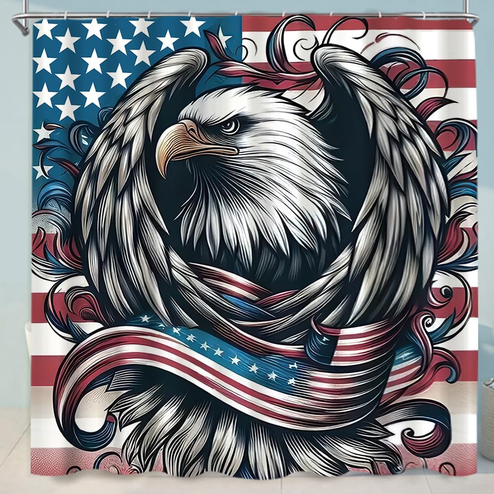 Patriotic Gnomes Shower Curtain Set, 4th of July Independence Day Design, American Flag Theme with 12 Hooks (C)