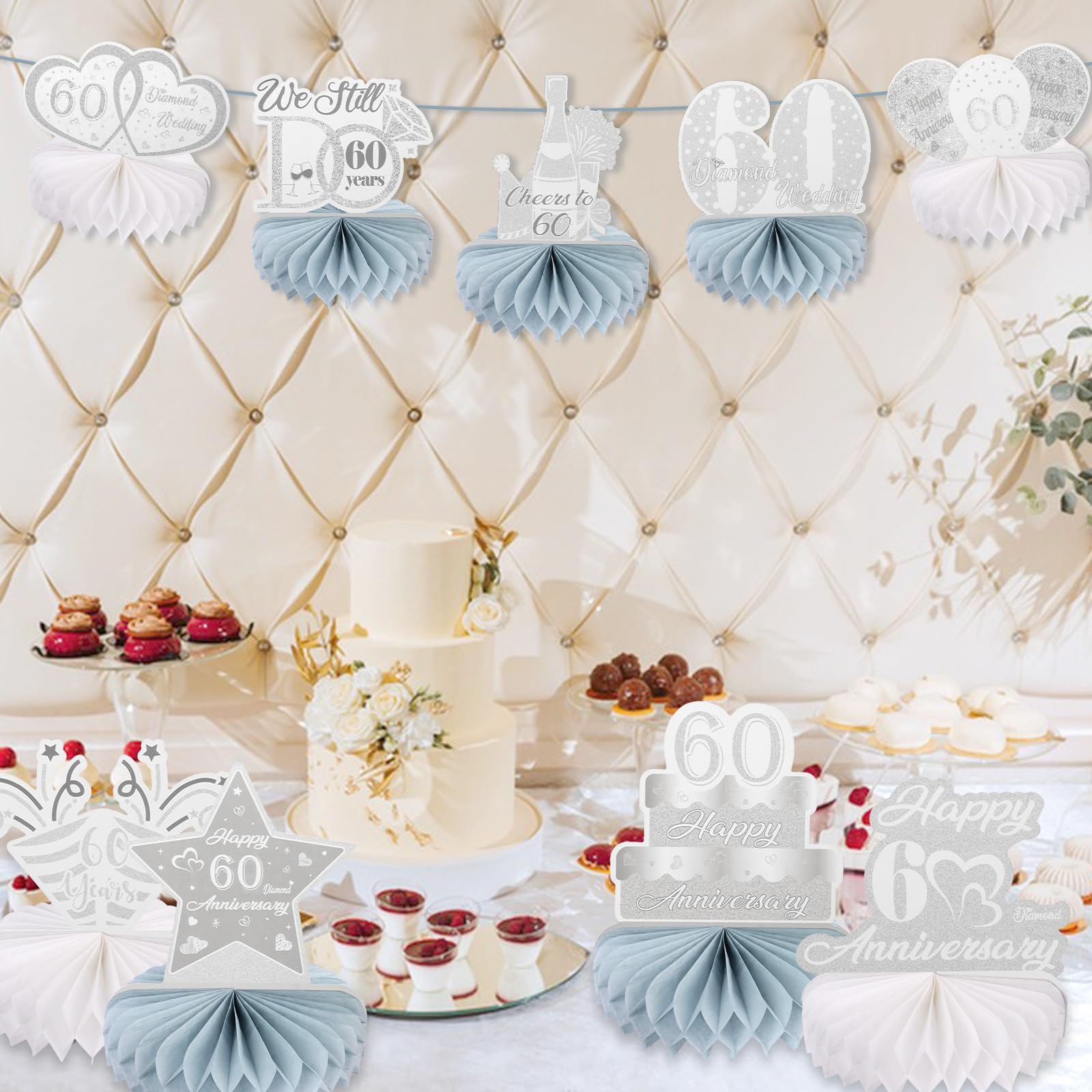 Cheereveal Decorazione per matrimonio con diamanti, 60 palloncini per matrimonio, decorazione anniversario di matrimonio, palloncini in argento, numero 60, coriandoli, tutto buono per il 60