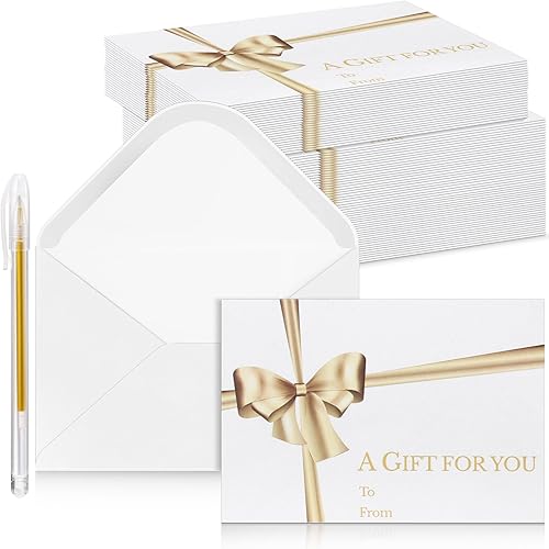 Vista 8 de Glenmal 50 sobres para tarjetas de regalo de Navidad con soporte para tarjetas de lazo dorado, sobres de negocios con bolígrafo de tinta dorada