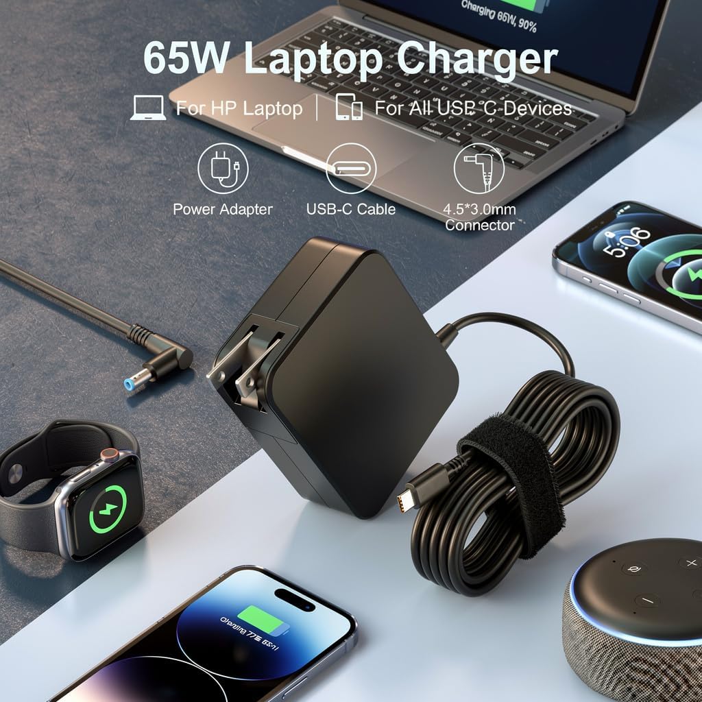 GKLSPL 65W Laptop Charger 4.5mm Blue Tip, Wall Plug USB-C Power Adapter with 4.5×3.0mm Converter, Compatible with HP Omnibook Pavilion Envy ProBook EliteBook Chromebook (Not 7.4mm)