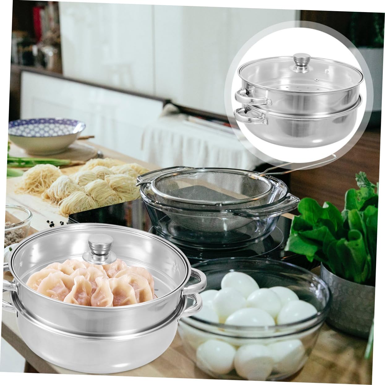 Vaporera de Acero Inoxidable Doble Capa, Olla de Vapor para Cocina 4 Asas, 30 Cm de Capacidad