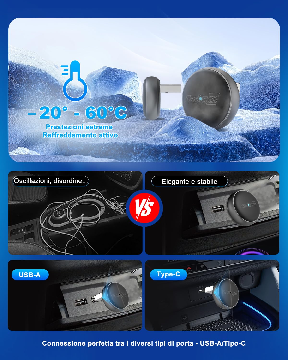Carlinkit Adattatore wireless per auto CarPlay e Android, mini ultra 3 converte OEM cablato a wireless per iPhone e Android 11+, USB-A/Type-C Plug & Play, connessione veloce, aggiornamento online