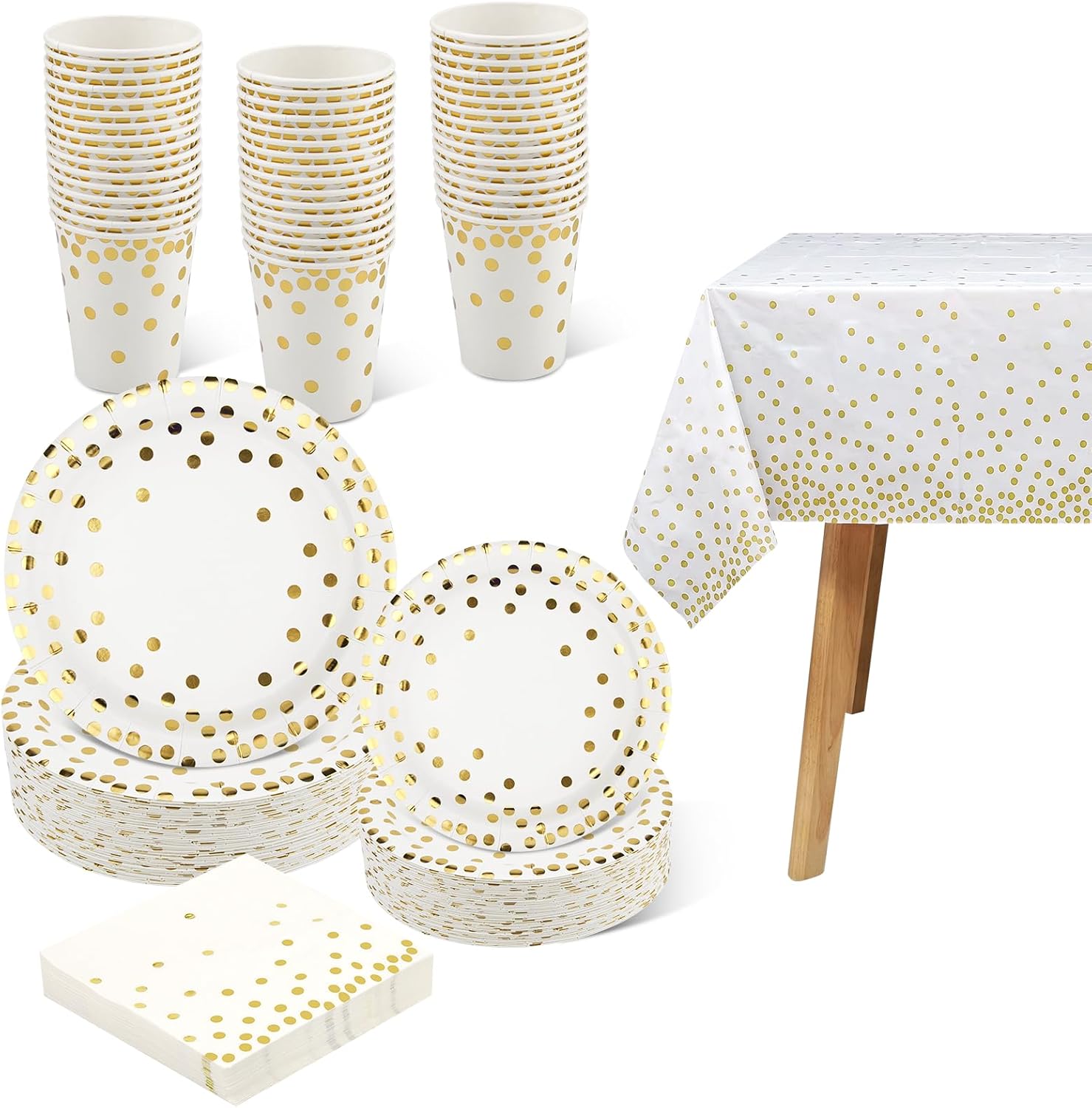 201 platos de papel desechables dorados, suministros de fiesta, lunares dorados, decoraciones de cumpleaños y bautismo, incluye platos y tazas,