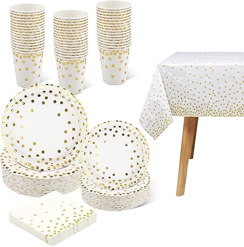 201 platos de papel desechables dorados, suministros de fiesta, lunares dorados, decoraciones de cumpleaños y bautismo, incluye platos y tazas,