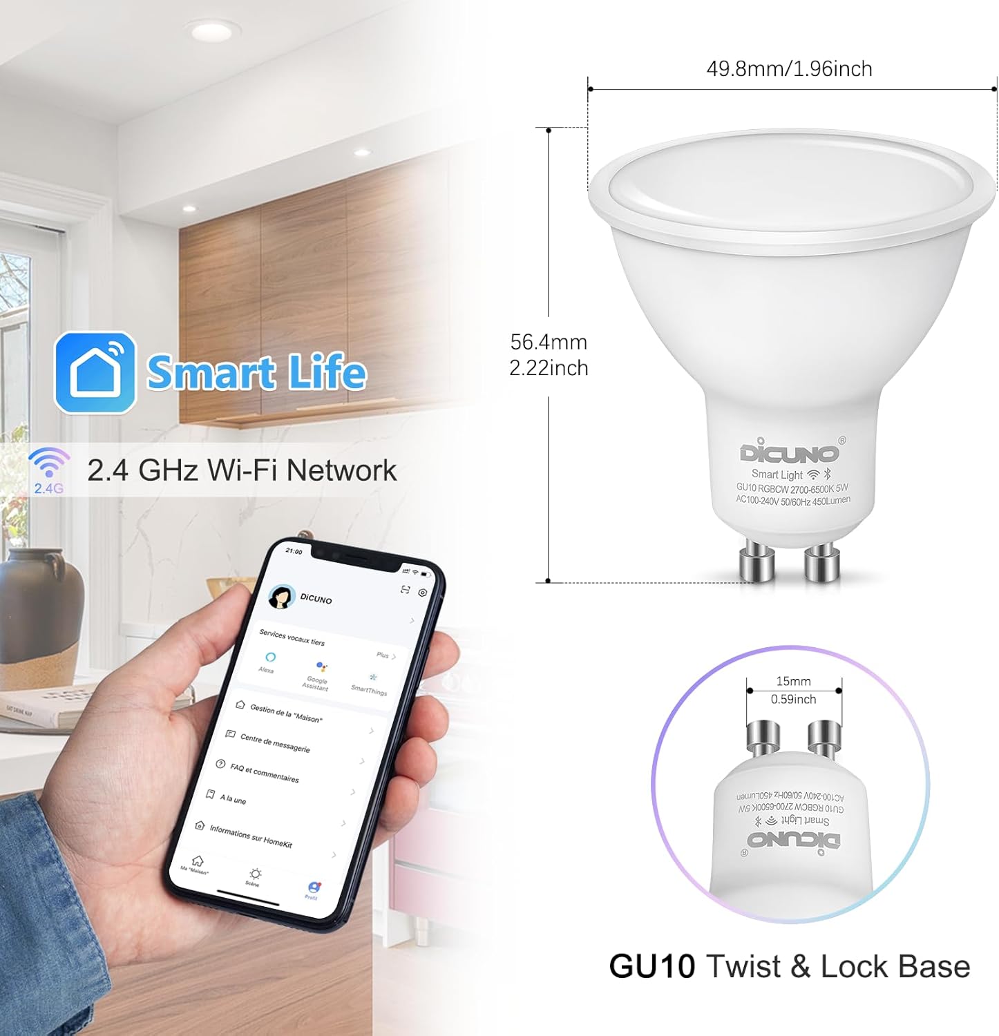 DiCUNO Smart GU10 LED Bulb, RGB Color Changing LED Compatible with Alexa & Google Home, Dimmable with App, 450LM, MR16 50W Track Light Bulb Replacement, 110° Beam Angle, 2.4GHz WiFi, Pack of 4