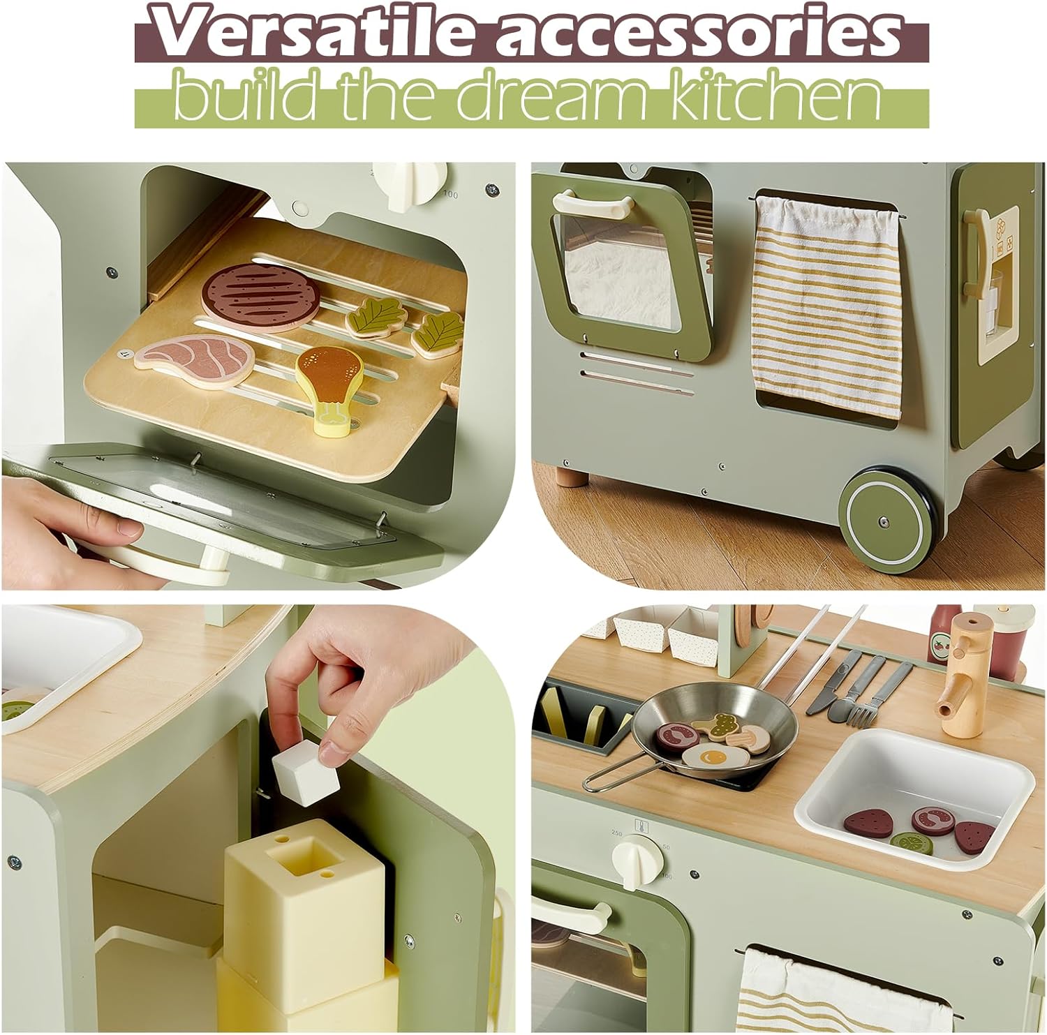 Wooden Food Cart, Kitchen Playset 50-Piece Toddler Pretend Play Grocery Store with Sink and Ice Maker, Kitchen Set for Kids Ages 3+, Gift for Boys and Girls image 4 of 6 B0DF7R5494