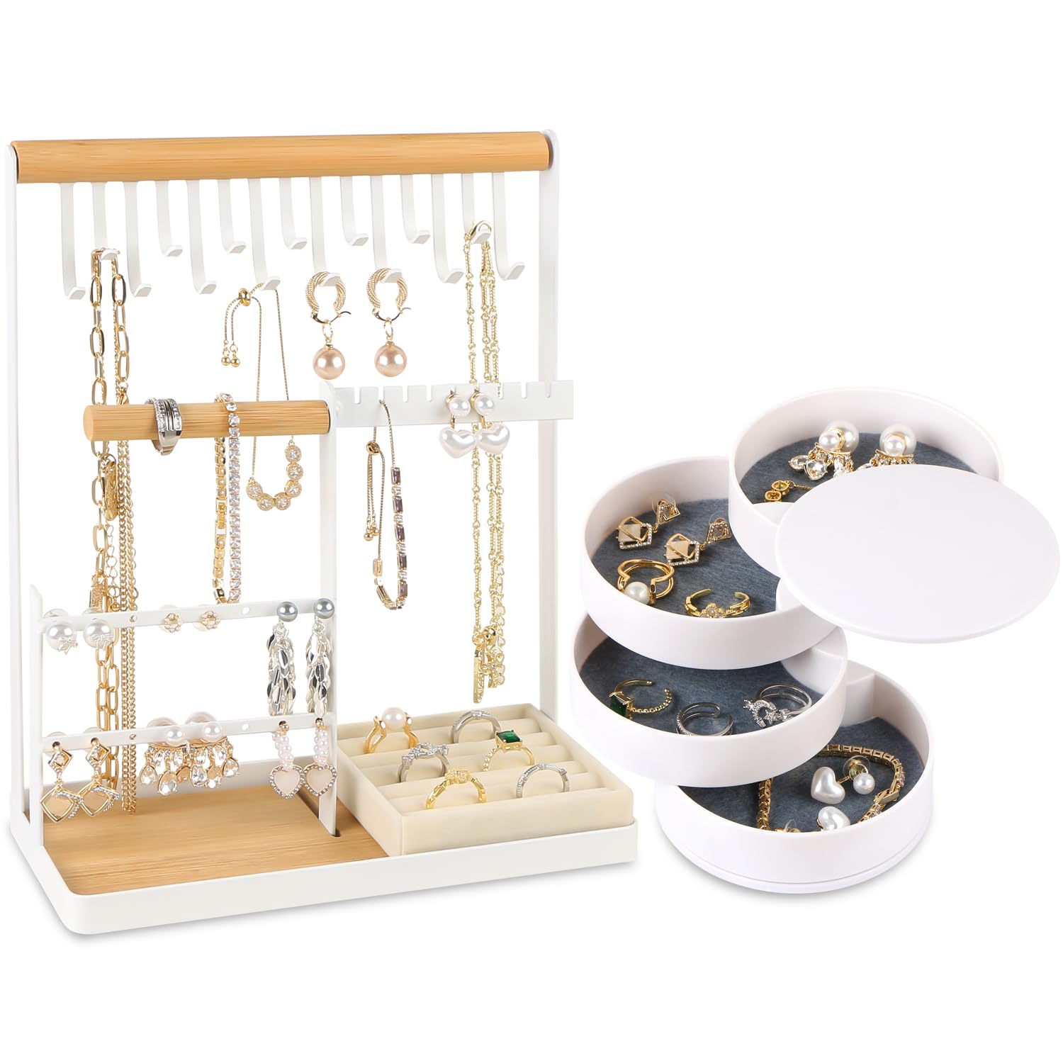 Jewelry Organizer Stand with Velvet Ring Holder, 4 Tier Jewelry Holder with 15 Hooks Necklace Organizer Bracket Holder,16 Holes Jewelry Stand for Earring,4-Layer Rotating Jewelry Box Tray Case(White)