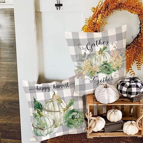 Miniatura 3 de Juego de 4 fundas de almohada de calabaza otoñal de 18 x 18 pulgadas, diseño de calabaza, gris, búfalo, a cuadros, para otoño, Acción de Gracias,