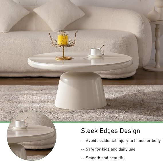 White Round Coffee Table for Living Room, Contemporary Pedestal Design, Traditional Round Circle Wooden Center Coffee Table, for Farmhouse Apartment (A31.5)