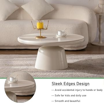 White Round Coffee Table for Living Room, Contemporary Pedestal Design, Traditional Round Circle Wooden Center Coffee Table, for Farmhouse Apartment (A31.5)