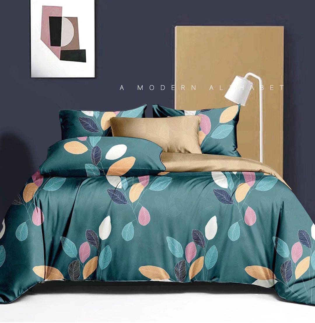 DECOMIZER XXL Microfiber Soft Cotton Super King Size Bedsheet for Double Bed, King Size 108 Inches X 108 Inches, 9 Feet, 275 X 275 cm with 2 Large Size Pillow Covers Without Joint – GreenMultiLeaves