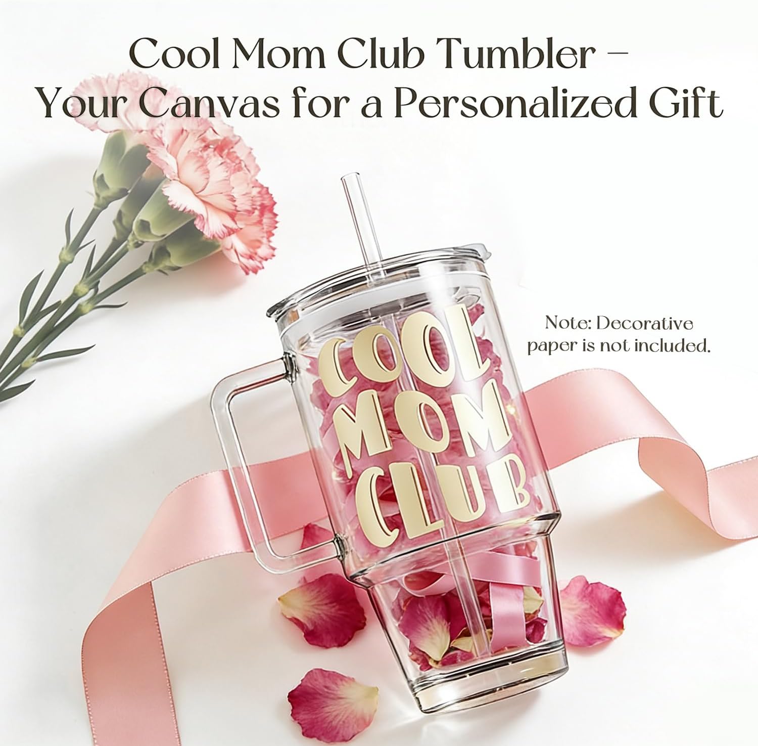 Mothers day gifts 24oz Glass Tumbler with Handle and Leak-Proof Lid,1PCS Cute COOL MOM CLUB Print Glass Cup for Iced Coffee, Tea, Smoothies, Perfect Mama Birthday Gift for Mom from Daughter, Son