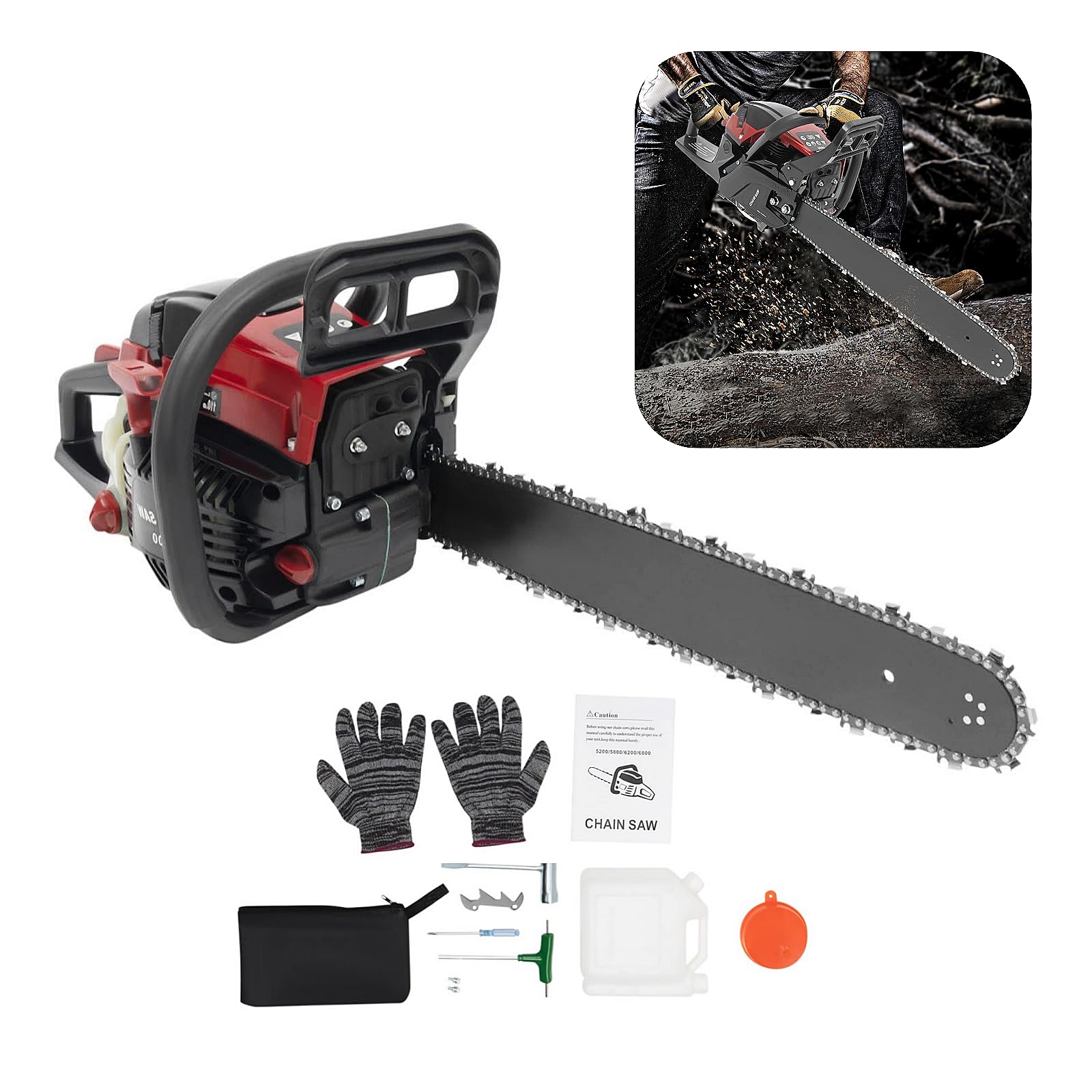Motosierra de gasolina de 58 cc, motor de 2 tiempos, gasolina, 2400 W, con hoja de 50 cm de longitud de la espada, sierra profesional con arranque de cuerda, sierra para el cuidado de árboles