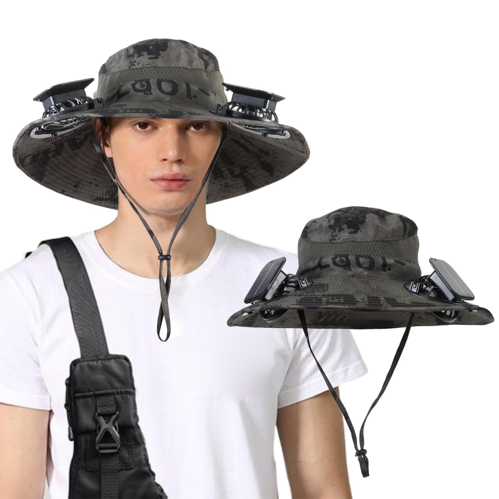 Cappello da pesca a tesa larga con ventaglio solare con 2 ventilatori solari UPF 50+, cappello da pescatore impermeabile traspirante