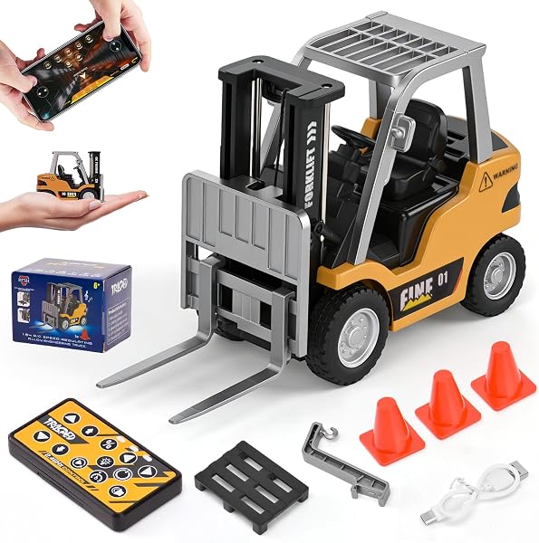 LTFIOON Mini Carretilla Elevadora RC, 1:64 Juguete de Carretilla Elevadora Teledirigida con App y Mando 2,4 GHz, Horquillas y Gancho, Vehículo de Construcción RC con Luces y Sonido - 1