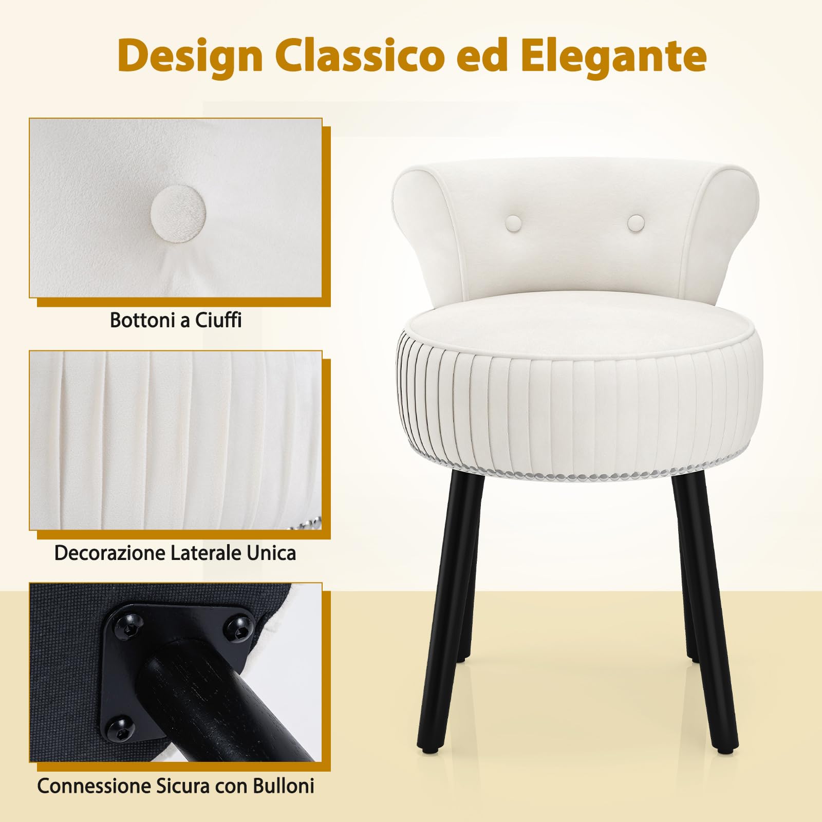 COSTWAY Poltrona da Trucco in Velluto, Sgabello Soggiorno con Gambe in Legno Massello, Sedia d’Accent per Camera da Letto, Soggiorno, Portata 110 kg (Bianco)