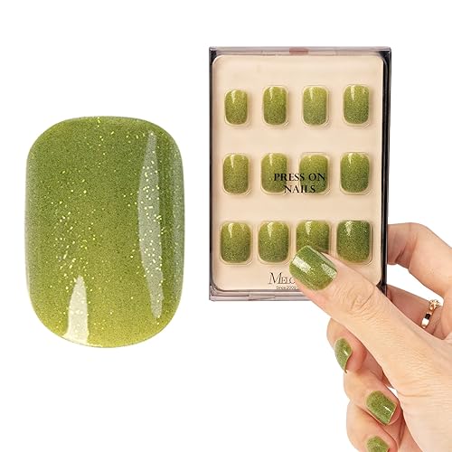 MelodySusie Uñas postizas a presión color verde oliva, uñas postizas cuadradas cortas de acrílico, color sólido brillante, 30 piezas, 12 tamaños,