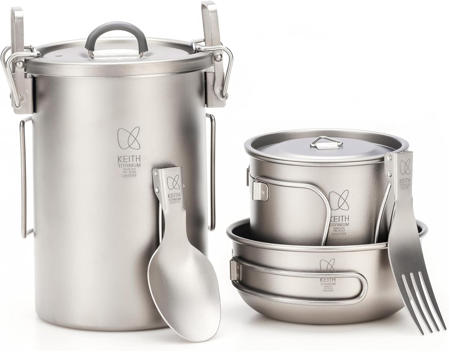 KEITH チタン クッカーセット キャンプ鍋+ボウル+カップ+スプーンフォークの一人食器5点セットアウトドア用品 超軽量・高耐久・