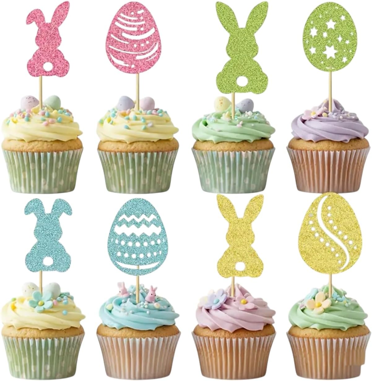 6pcs Easter Cupcake Toppers, Glitter Bunny Egg Designs, Cheese Platter Muffins Sweet Treats Table Decoration, Party Supplies Easter Egg Hunting DIY, Fruit Picks Cake Decor