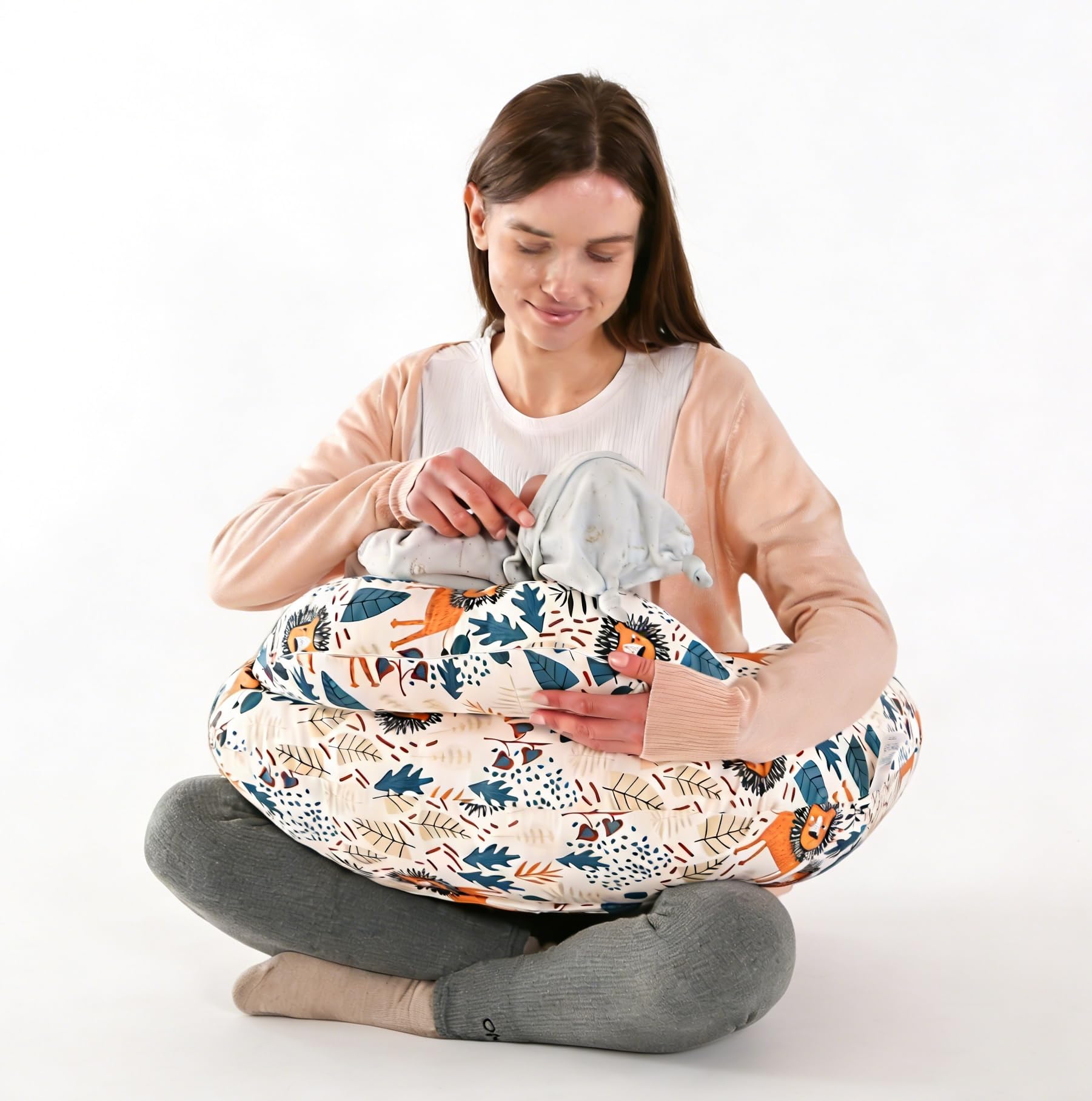 BABYLIAN Nursing Pillow for Breastfeeding with Security Fence | Wider Feeding Pillows, Removable Washable Cotton Cover, Adjustable Waist Strap,