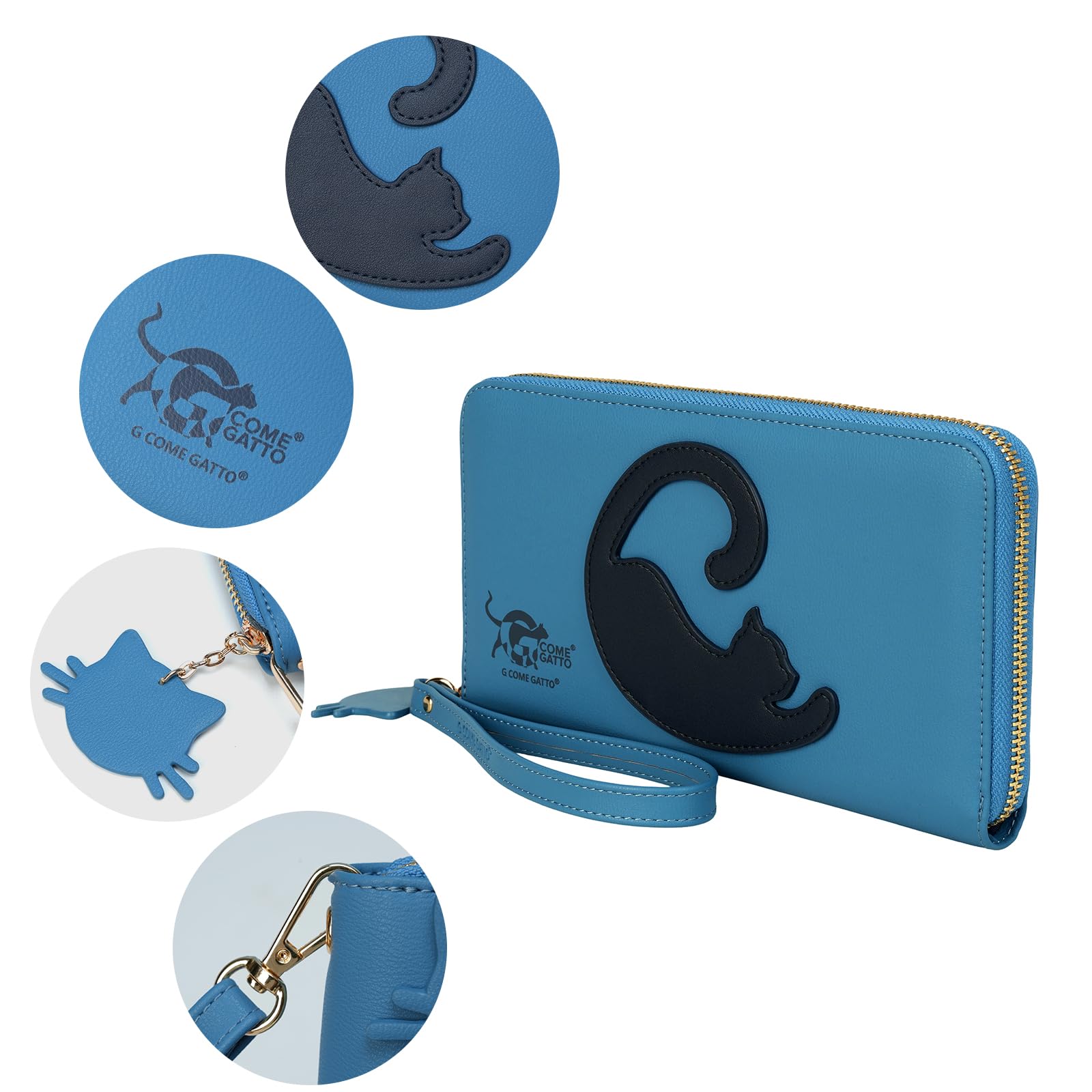 Portafogli Donna Grande con Gatto Stilizzato – 17 Slot Carte, Zip Monete, Spazio Penna – Design Esclusivo e Vegan Friendly – 3 Colori Disponibili (Ottanio con gatto blu)