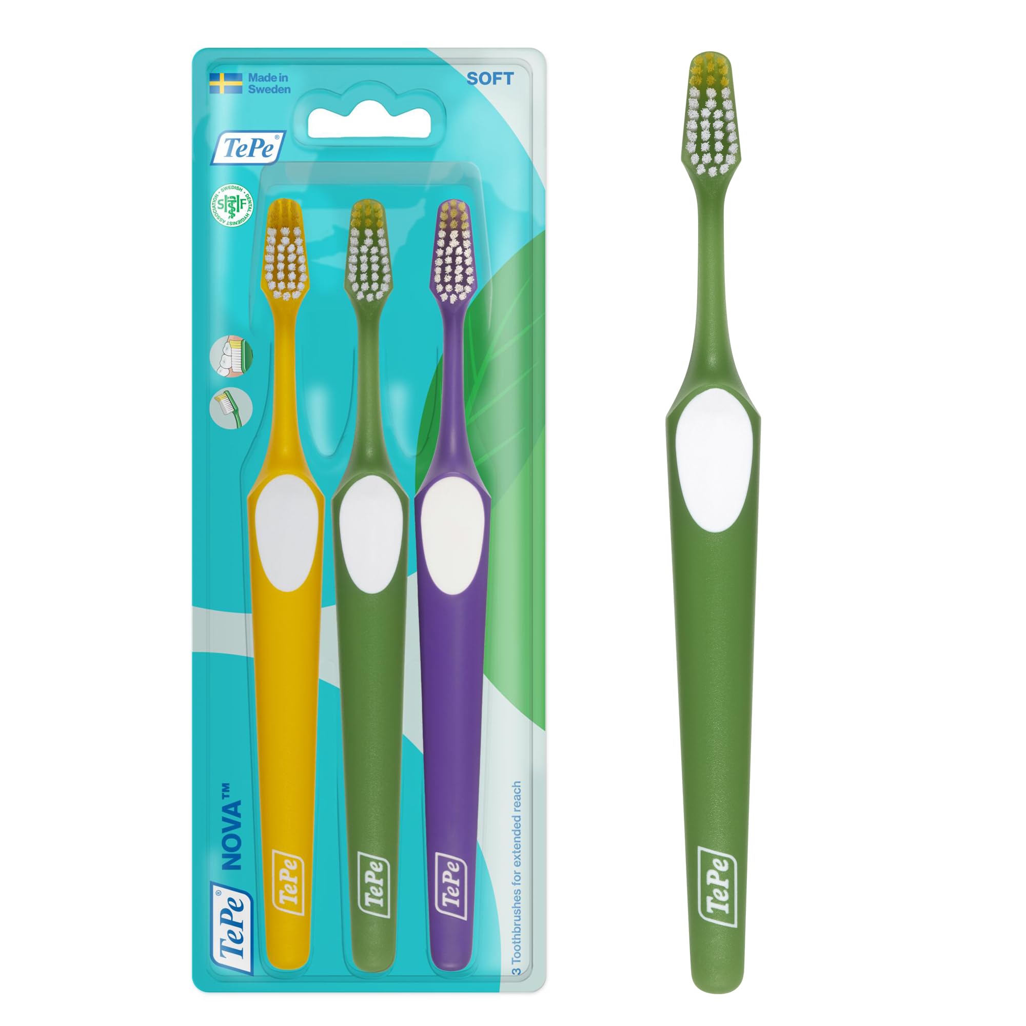 TePe Nova Toothbrush, Soft, Assorted Colours, 3pc, Longer tip for Improved Access to Back Teeth, Toothbrush Medium for Easy and efficient Plaque Removal