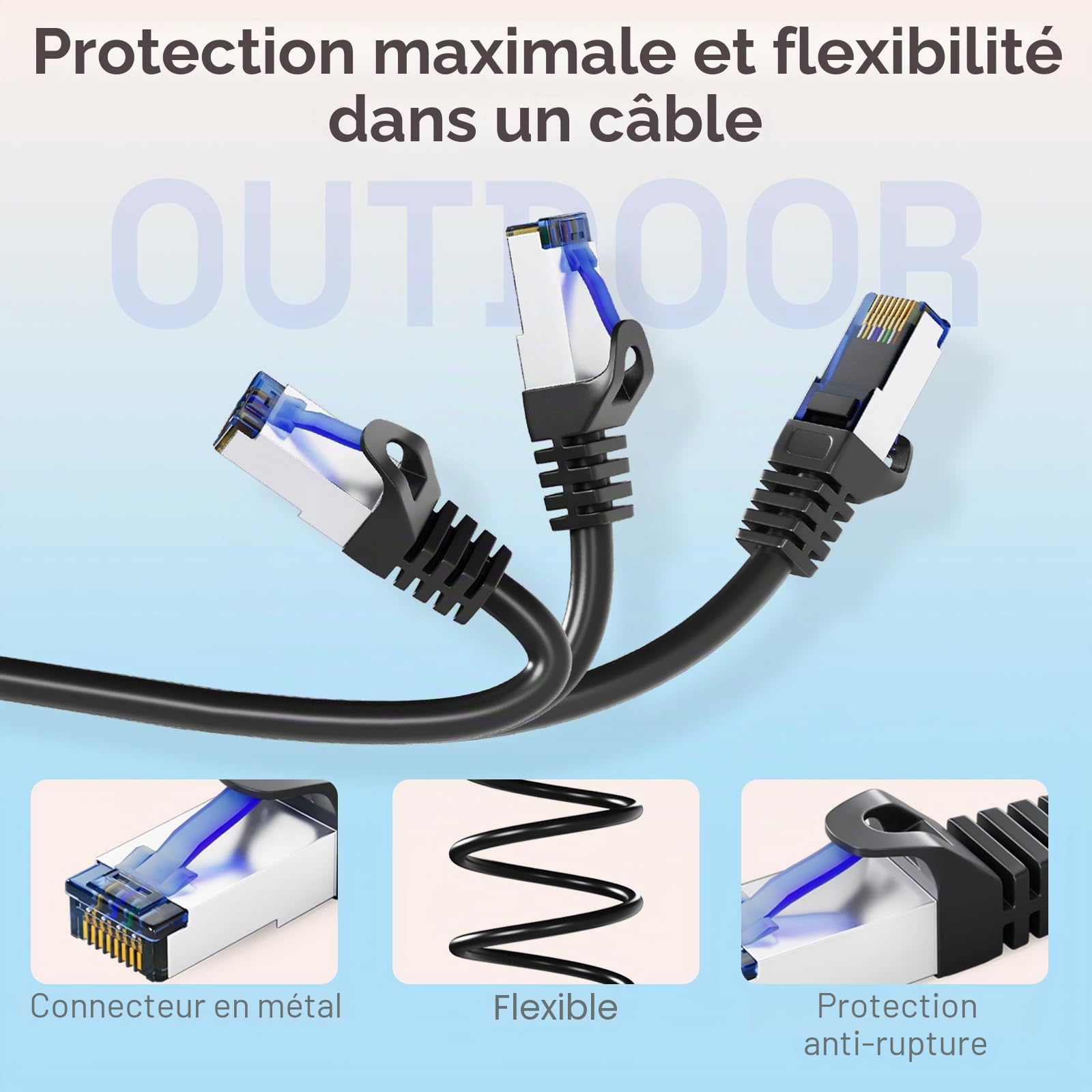 HB-DIGITAL 25m Cable Ethernet CAT6a Câble Réseau Extérieur Intérieur Connecteur RJ45 -Certifié GHMT- S/FTP PIMF 10Gbit/s AWG26 IP66 Résistant à la poussière/à l'eau/à l'huile/protégé contre UV -Noir