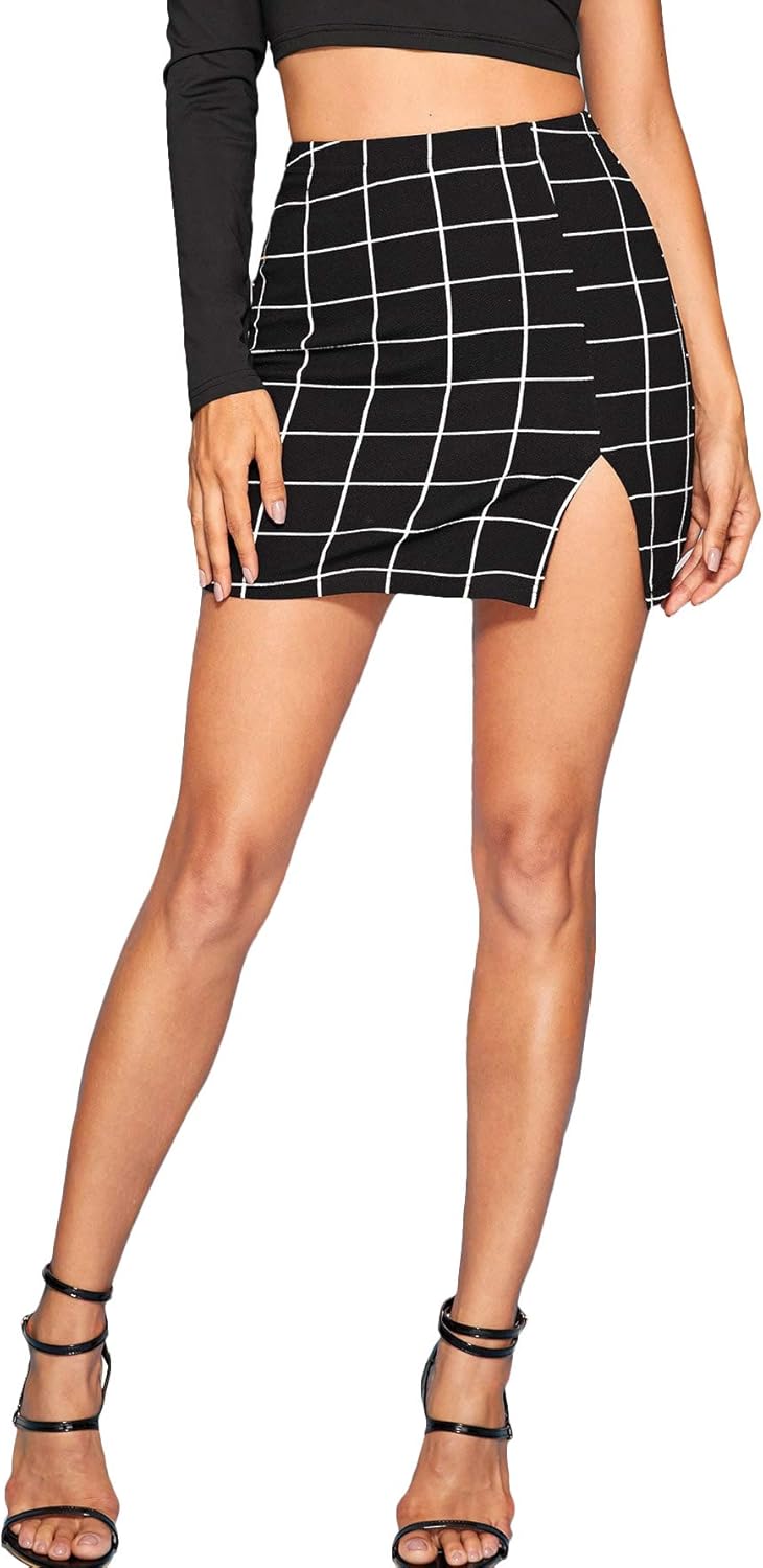 Floerns Women's Casual Split Hem High Waisted Mini Bodycon Plaid Skirt X-Large A Black