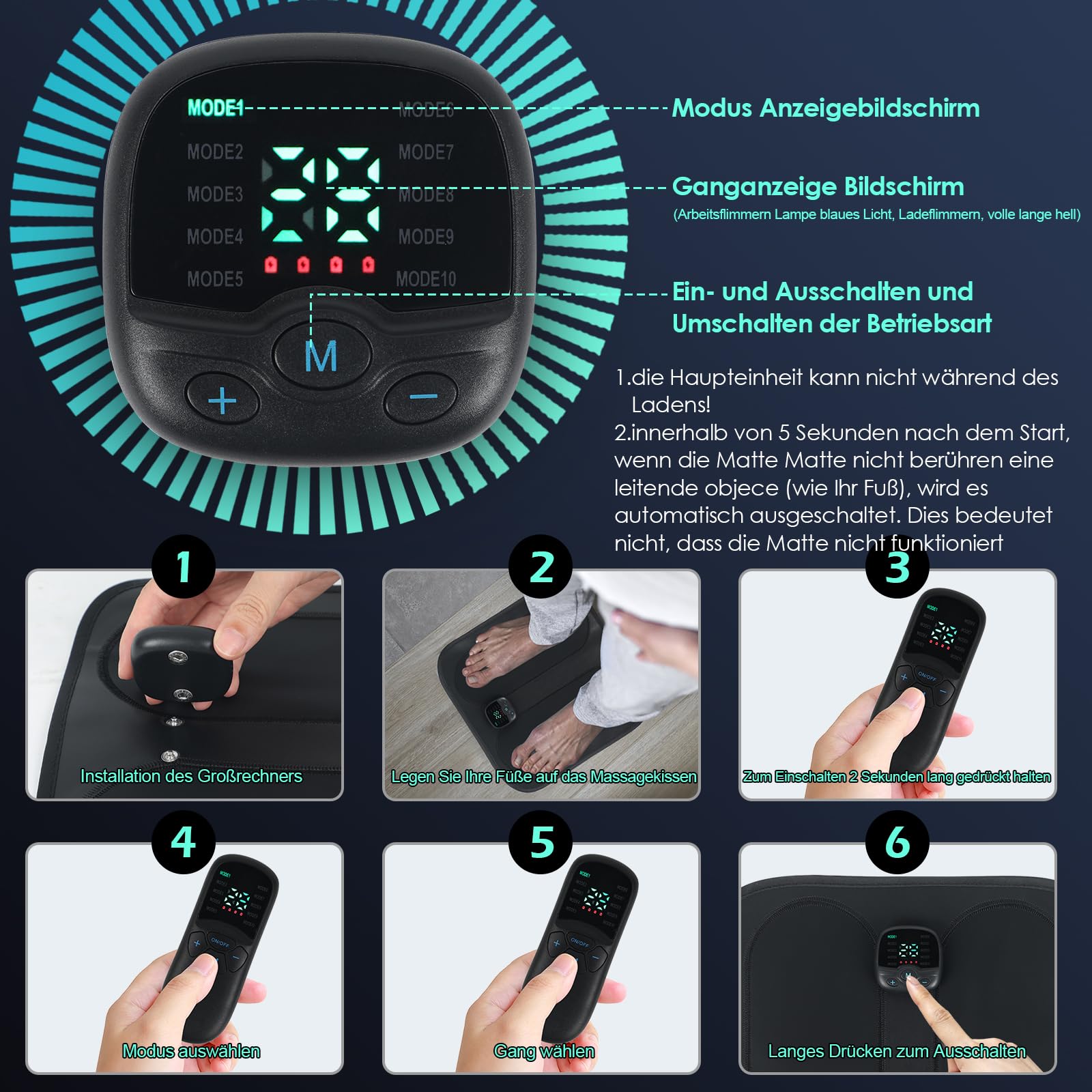 EMS, massaggiatore per piedi con telecomando, 10 modalità e 30 intensità, massaggiatore elettrico per piedi, tappetino portatile per massaggio intelligente per circolazione sanguigna e sollievo