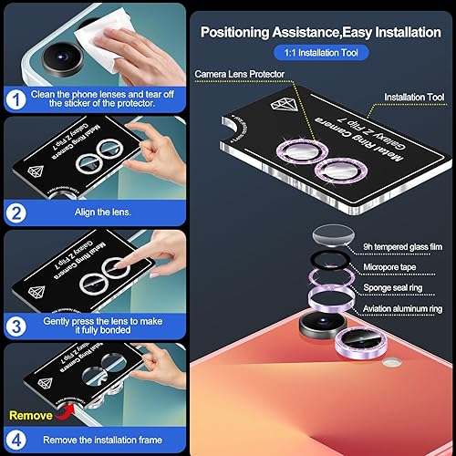 Vista 43 de para Samsung Galaxy Z Flip 7 Protector de Lente de Cámara, Cubierta de Lente de Vidrio Templado con Anillo de Metal Individual, [Fuerte Adhesión] 1