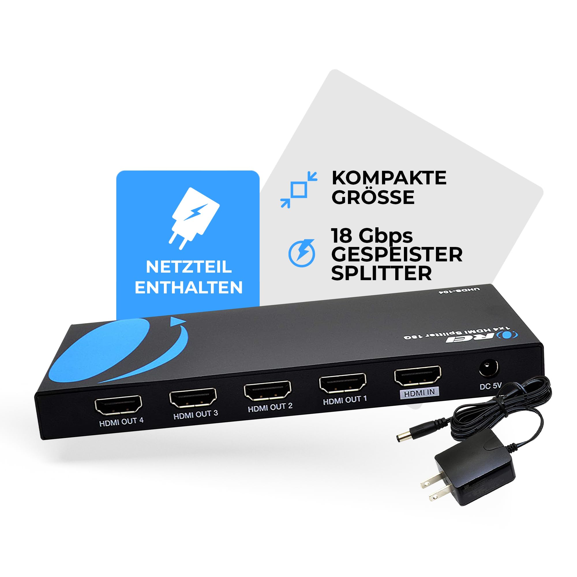Orei UltraHD 4K @ 60 Hz 1 X 4 HDMI Splitter 1 in 4 Out 4 Port 4: 8-Bit - HDMI 2.0, HDCP 2.0, 18 Gbps, EDID, Duplicate / Mirror 4K Screens - UHDS-104