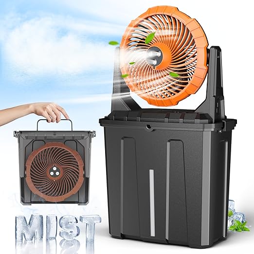 Ausic 9L Bucket Portable Misting Fan for Outdoors Patios, 20000mAh Rechargeable Battery Operated Camping Fan, 3 Strong Winds, 3 Large Spray Outlets, for Fishing/Travel/Garden Party/Golf/Tent/Office