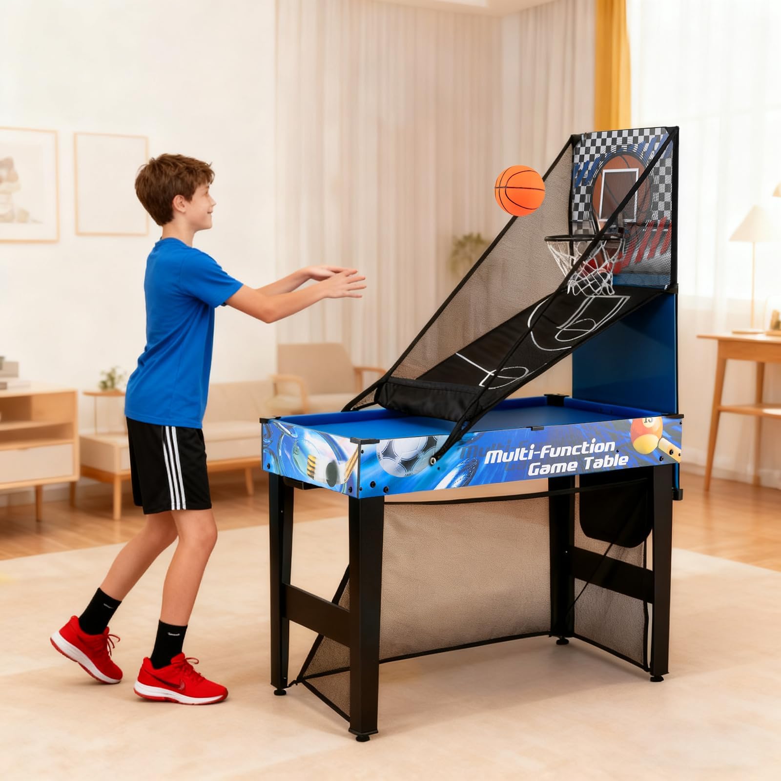 COSTWAY 10 w 1 wielofunkcyjny stół do zabawy z torbą dla dzieci, dorosłych | Wielofunkcyjny zestaw stołowy: bilard, hokej, tenis stołowy, koszykówka, piłka nożna, strzelanie, flipper