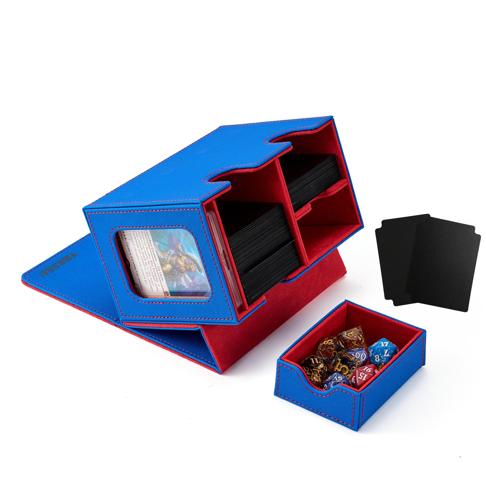 Venssu MTG Deck Box for Commander Display with Dice Tray, Deck Case Fits 160 Double Sleeved /200 Single Sleeved trading Cards, Storage Box TCG with 2 Dividers and 1 Magnetic Card Holder (Blue＆Red)