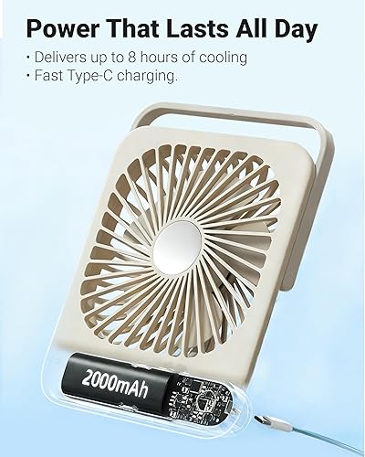 Vista 5 de Ventilador de escritorio silencioso, pequeño ventilador personal portátil con batería recargable de 2000 mAh, mini ventilador de 3 velocidades