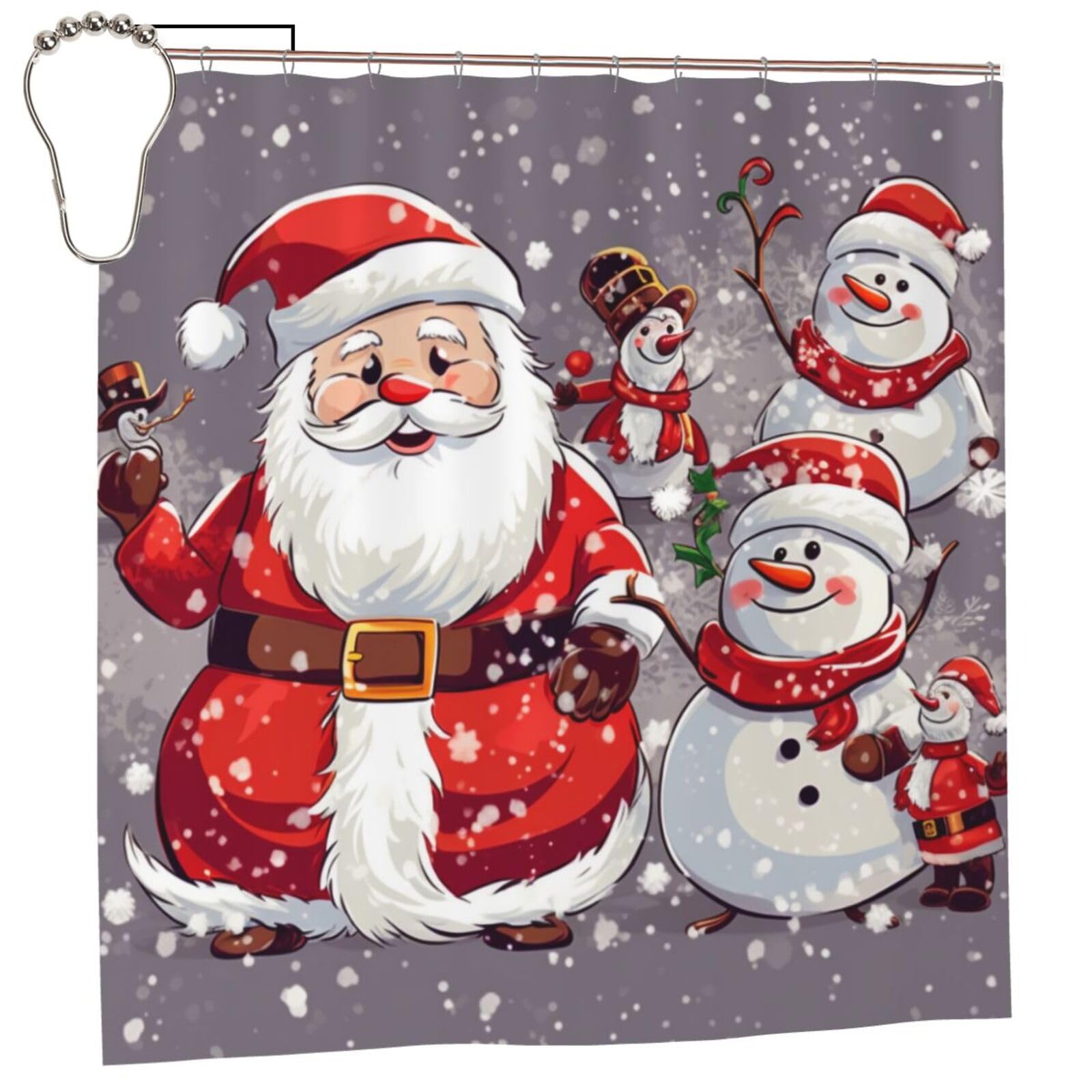 BWWHCCTI Santa Claus Snowman Printed Shower Curtain With 12 Iron Hooks Opaque Quick Drying Waterproof Shower Curtains Sets For Bathroom 183x183 CM