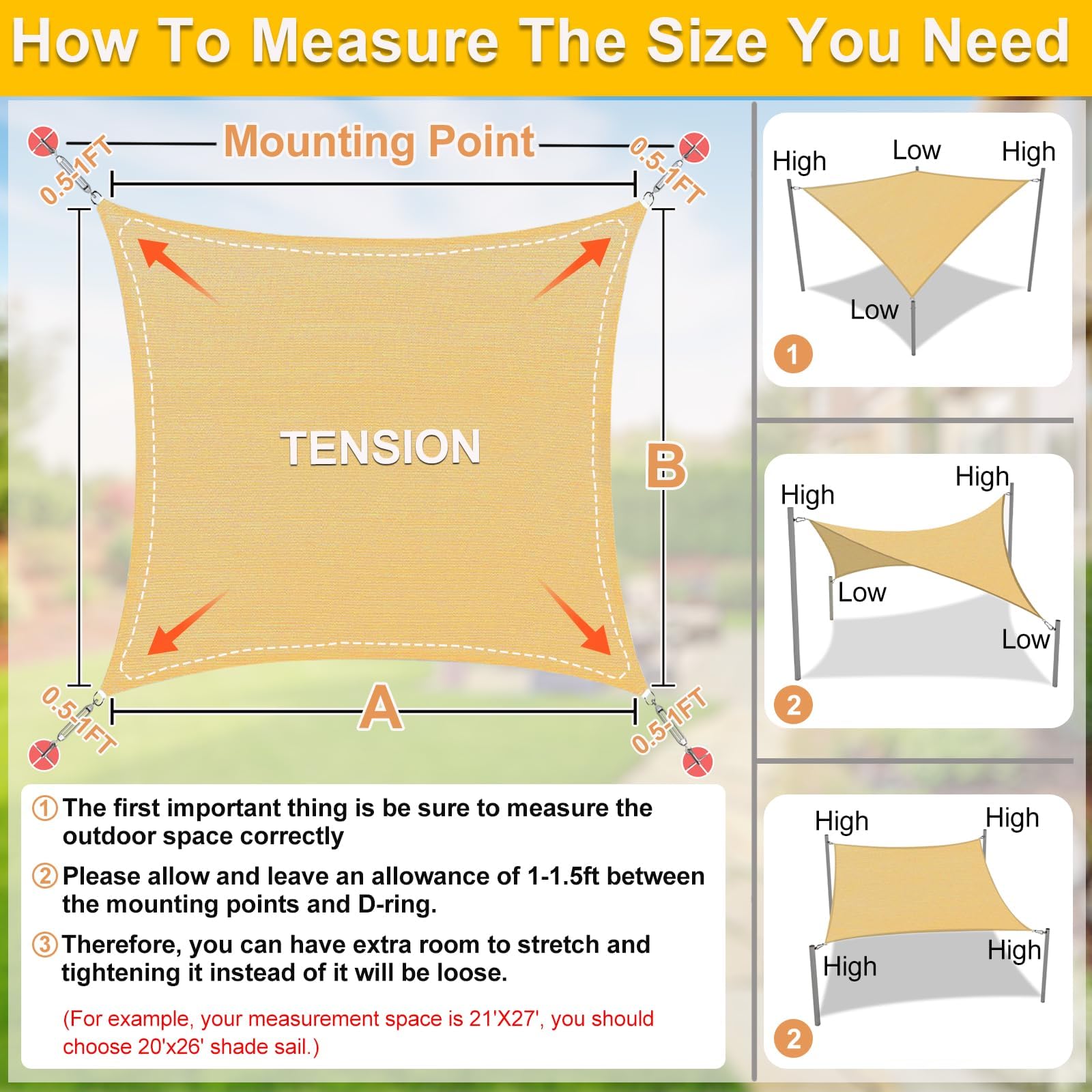 KANAGAWA Sun Shade Sail Curved 20'X26' Sand Rectangle Outdoor
