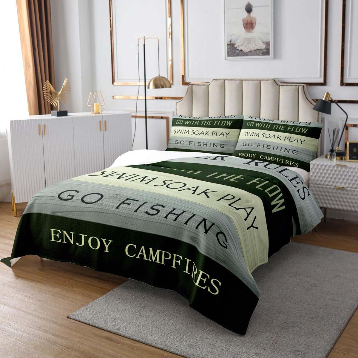 River Theme Bedspread Set Queen Size for Kids,Boys Girls Rustic Farmhouse Quilt Set Green Wood Panels Bedspread Coverlet Go Fishing Bedspread 3 Piece Decorative Bedding Quilted with 2 Pillow Shams