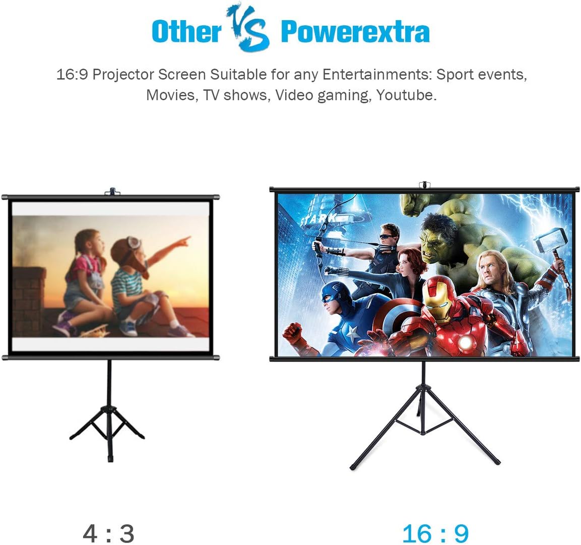 Projector Screen with Stand, Powerextra 100 inch 16:9 HD 4K Indoor Outdoor Foldable Projection Screen with Frame, 1.1Gain 160° Viewing Angle Wrinkle-Free Tripod Screen for Movie or Office