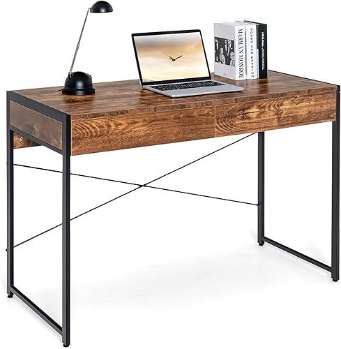 Miniatura 19 de Tangkula Escritorio industrial para computadora con 2 cajones, escritorio de estudio simple con cajones, estación de trabajo para computadora Marrón
